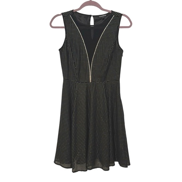 Express Dresses & Skirts - Express‎ Fit and Flare Dress Black Gold Studded Mesh Inset Womens 2